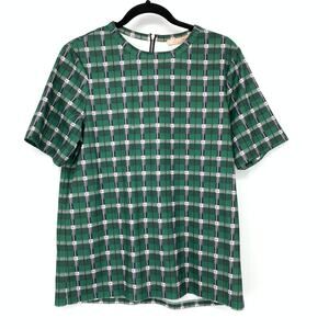 Anthropologie Hutch Esme Plaid Top Womens Sz Medium Short Sleeve Green Plaid NEW